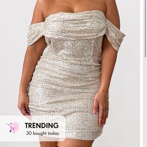 Cream off the shoulder sequin dress